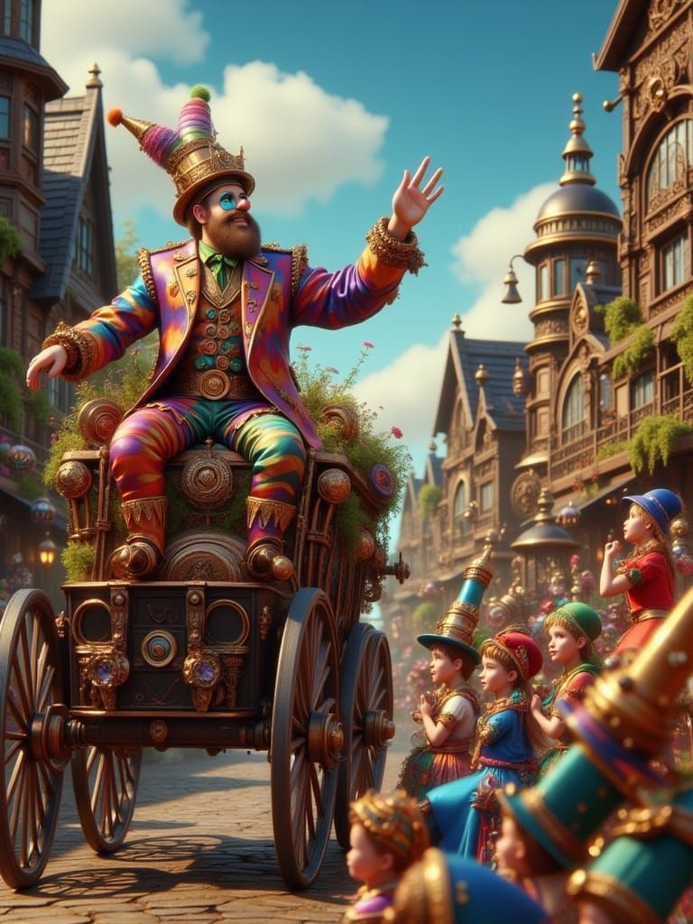 Steampunk Jester Waves Goodbye to Costumed Children