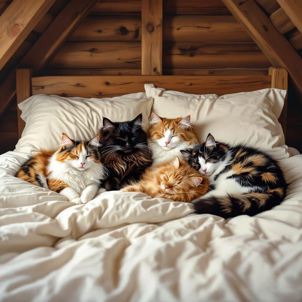 Four Cats Sleeping in Rustic Bed, Art Style