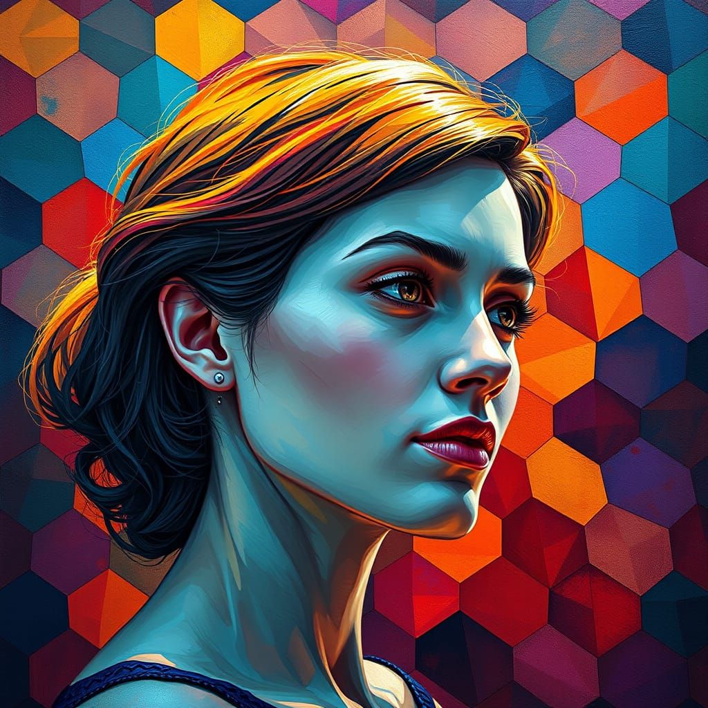 Gouache Portrait with Geometric Background in Impressionist ...