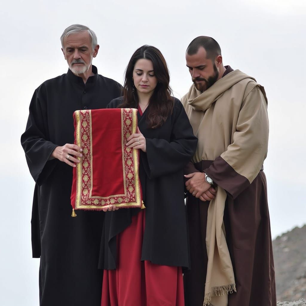 Three Robed Figures Holding Covered Object