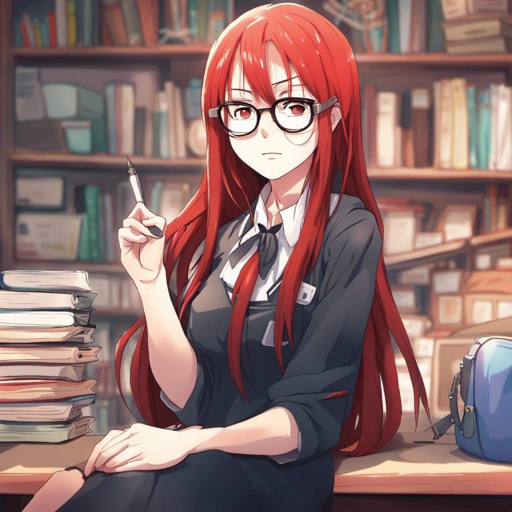 Anime Style Red-Haired Girl with Glasses