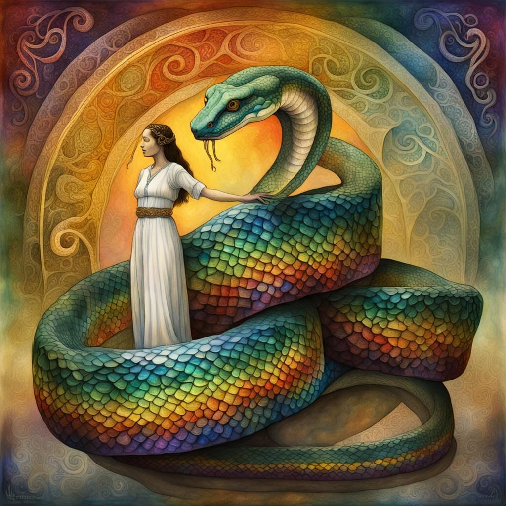 Rainbow Serpent Encircling a Maiden: 3D Mixed Media