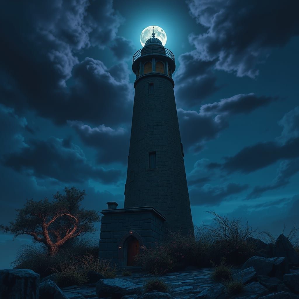 Ruined Lighthouse at Night in Fantasy Art Style