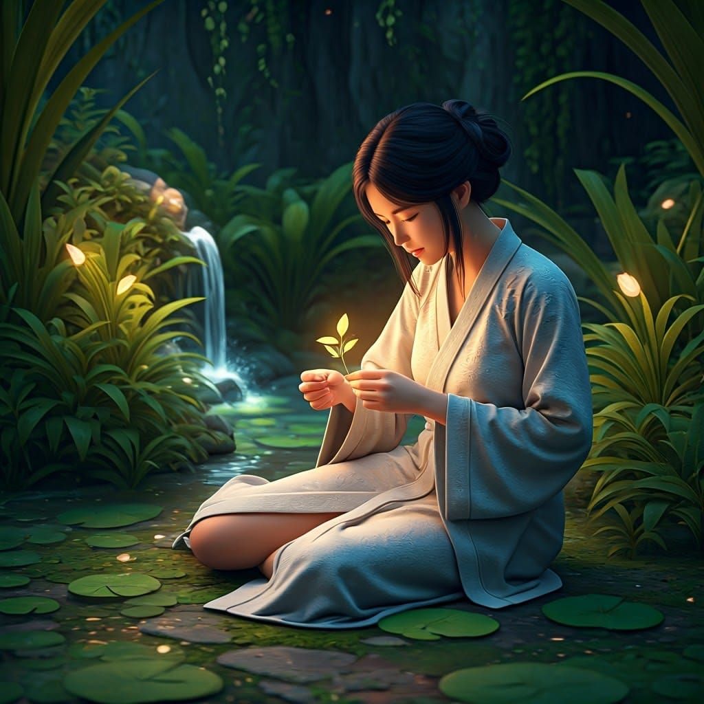 Mindful Woman Tends to Nature in 3D Anime Art