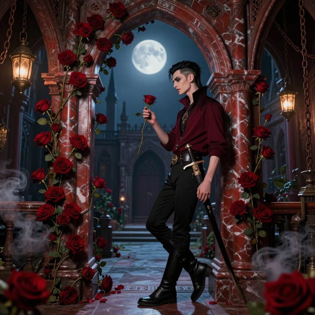 Vampire Warrior Touches Rose in Gothic Courtyard