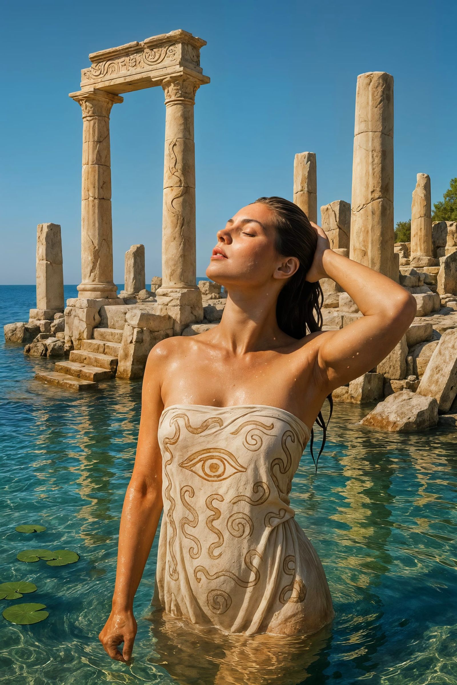 Hyperrealistic Mediterranean Coastal Scene with Ancient Temp...