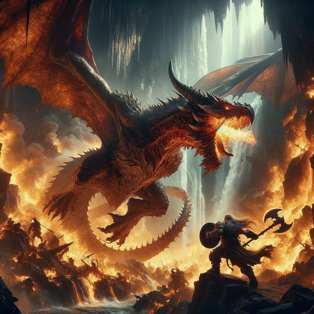 Dwarf Warrior Defeats Fiery Dragon, Sending It Into Pit