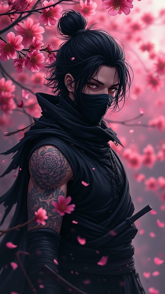 Ninja in Cherry Blossoms: Anime-Ink Illustration