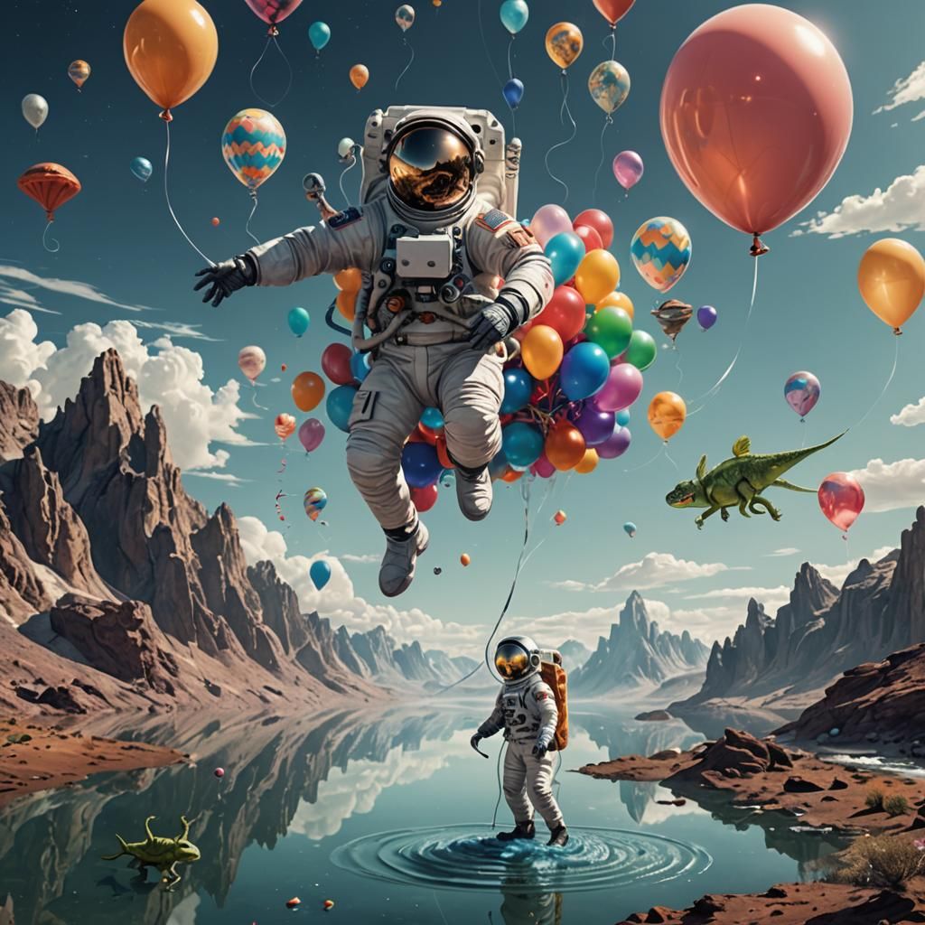 Astronaut's Surreal Balloon Flight Over Alien Lake