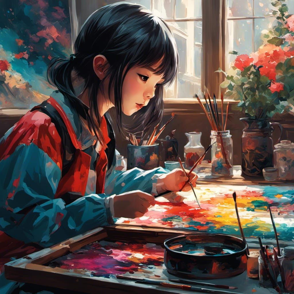 Adorable Anime Artist Girl Painting