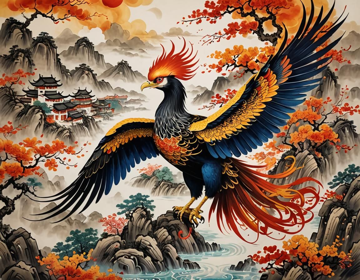 Traditional 'Zhenxiang' Chinese painting. Close-up. The majestic Fenghuang, or Phoenix, soaring amidst vibrant clouds. B...