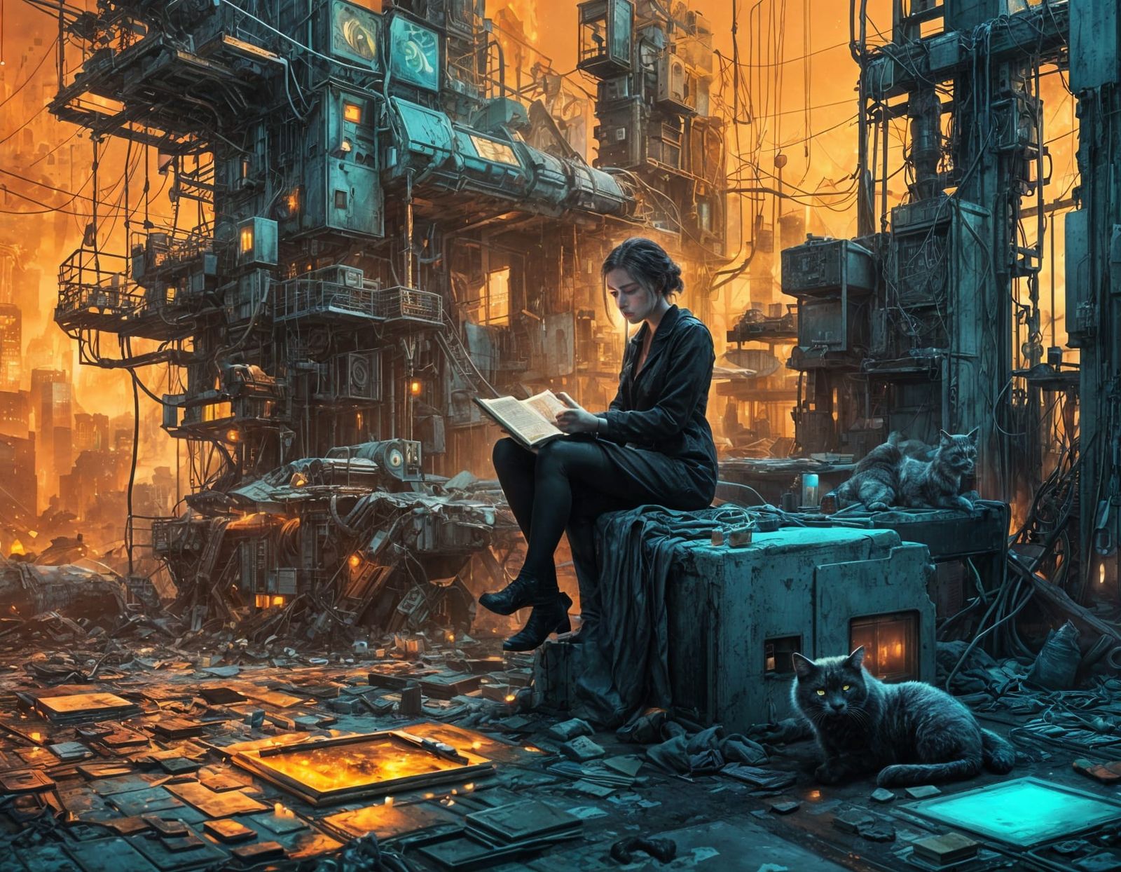 Mystical Woman Reads by Candlelight in Futuristic Loft