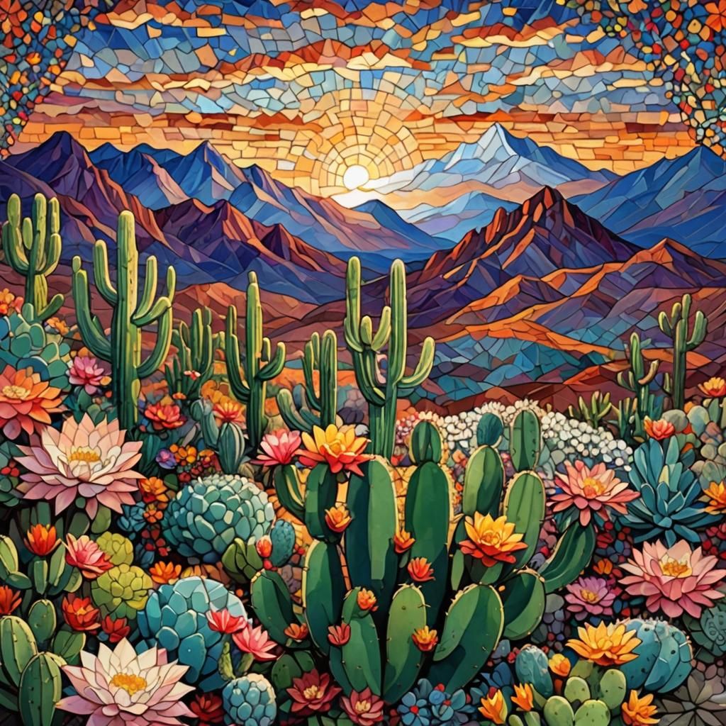 Mosaic Cactus with Mountain Sunset in 16K