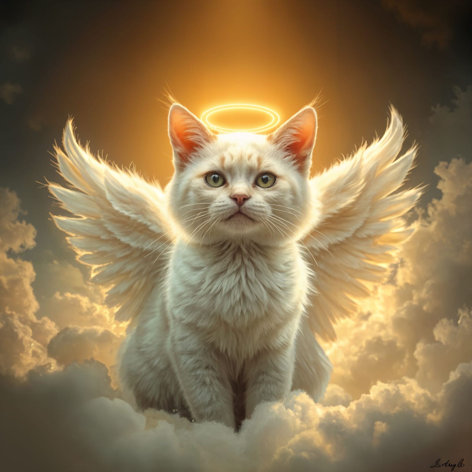 Frontal cat angel, golden light to heaven, divine being