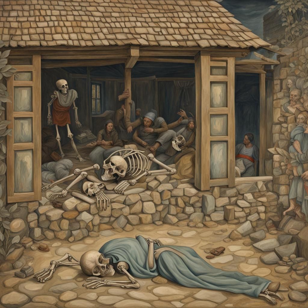 Skeleton Horseman in Nepalese Village, Oil Painting