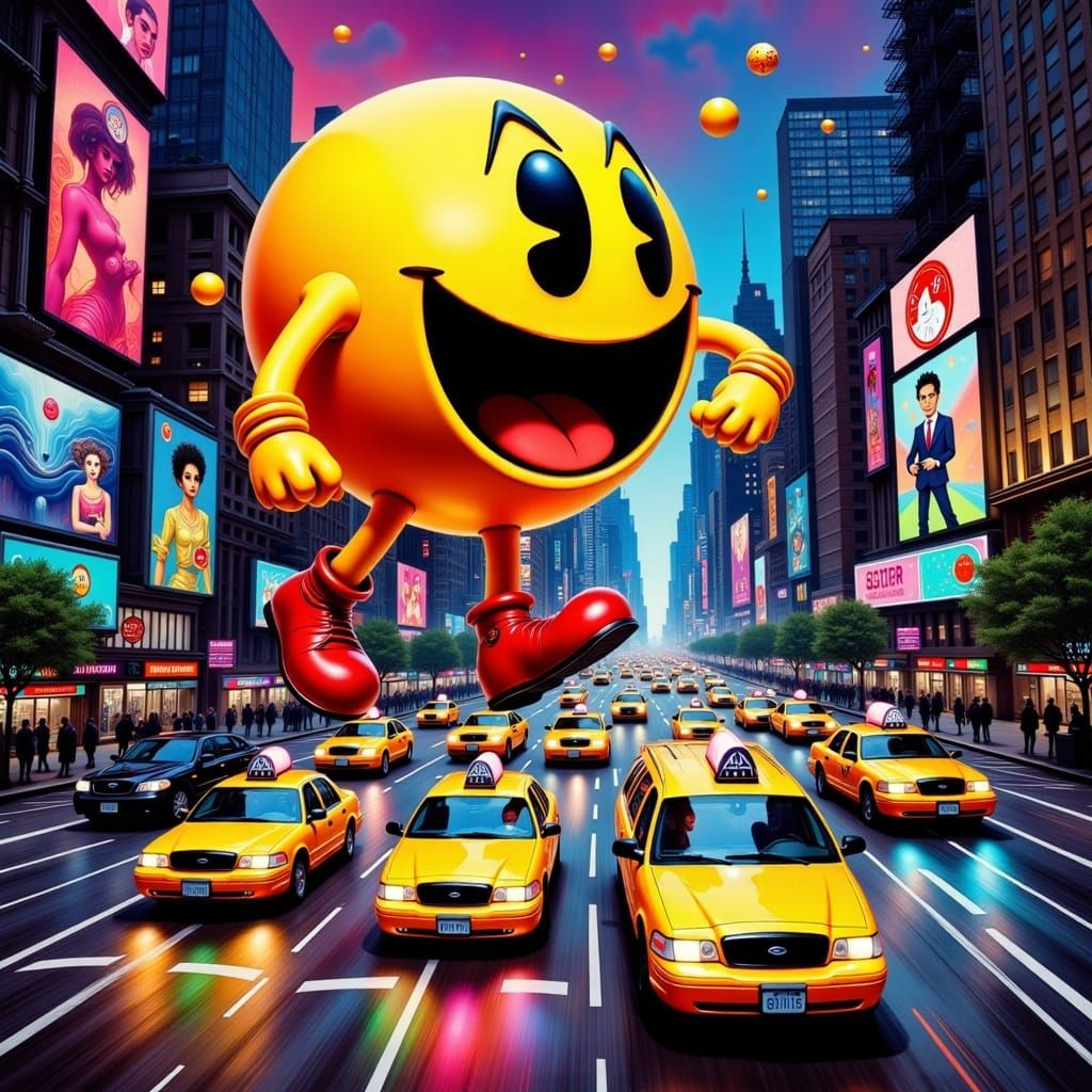 Gigantic Pac Man Devours Yellow Taxis in Neon-Lit NYC Highwa...
