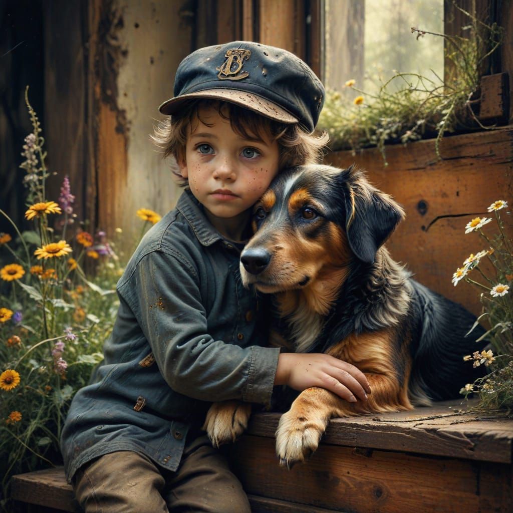 Boy and Dog: Whimsical Oil Painting
