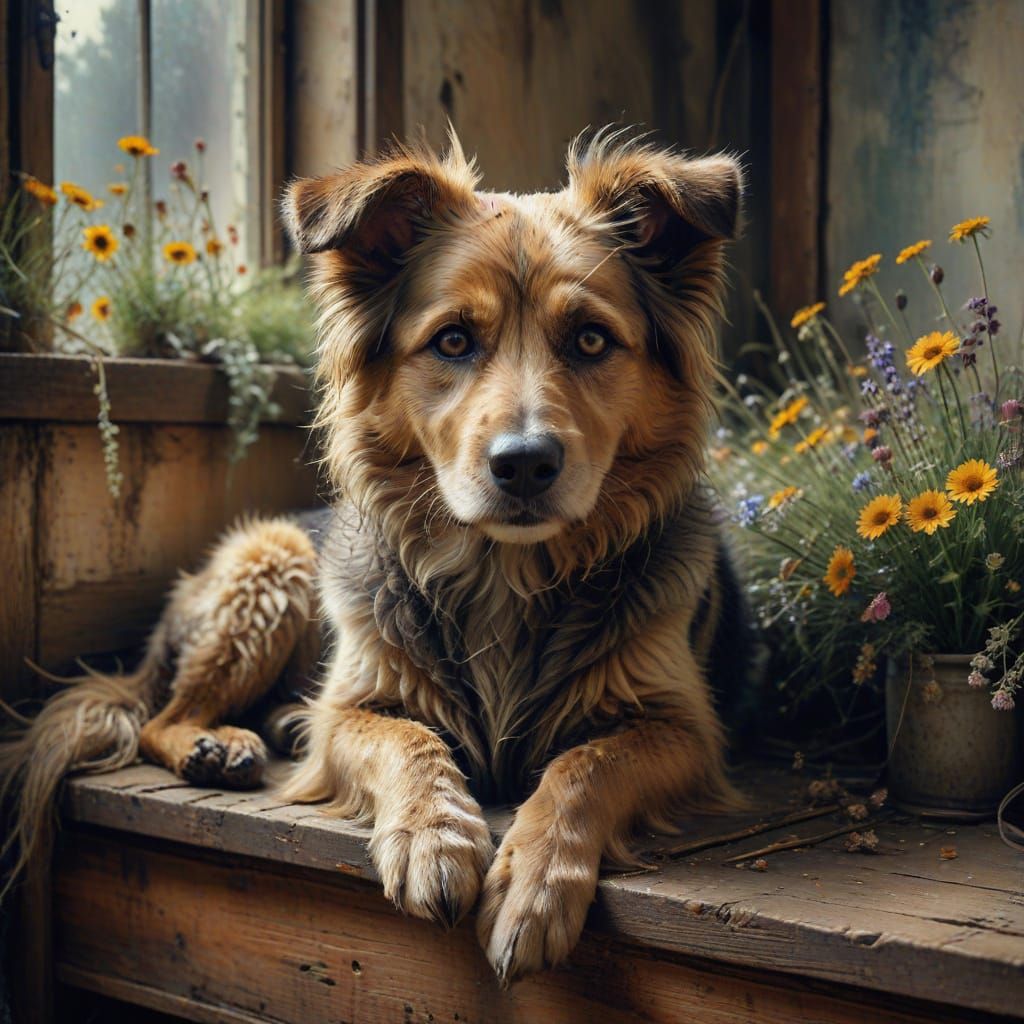 Boy and Dog: Whimsical Oil Painting Close-Up