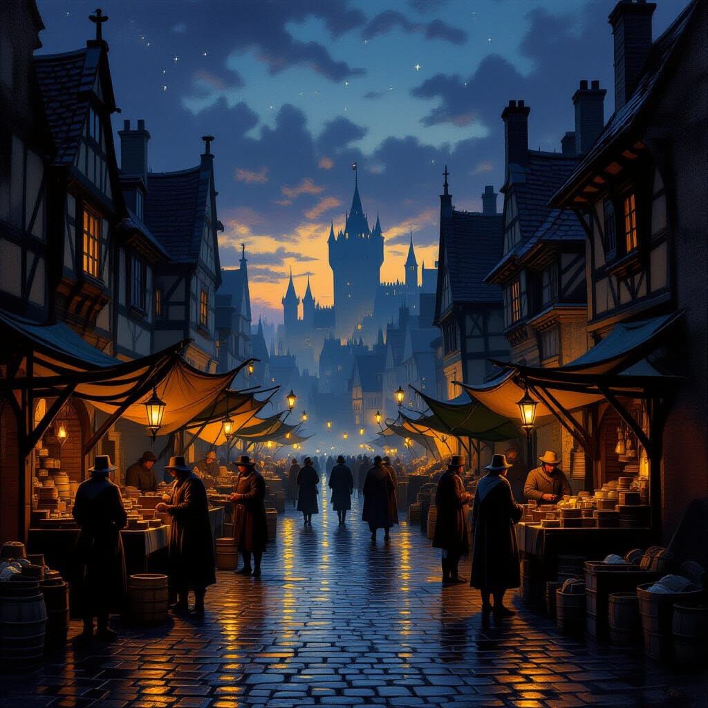 Medieval Marketplace at Dusk: Rembrandt & Caravaggio Style