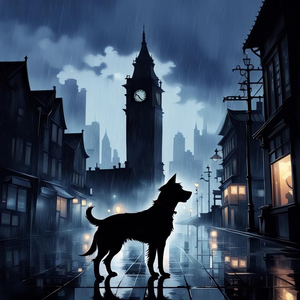 Dog Silhouette in Rainy Cityscape, Anime Style