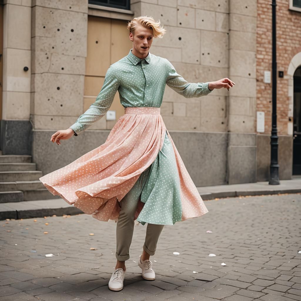 Blonde Man in Pastel Dress, Hyper-Realistic Photography