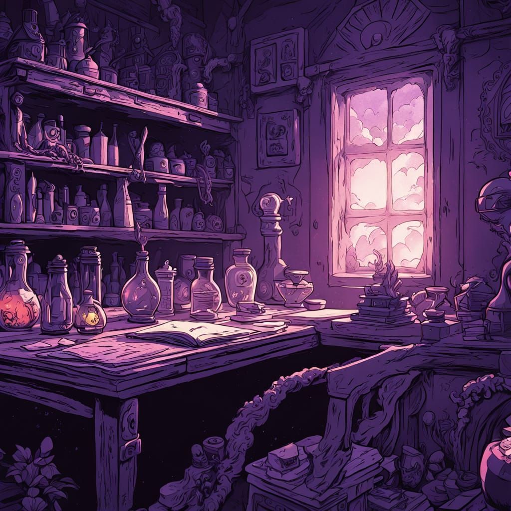 Mystical Study in a Dreamlike 80s Cartoon Style