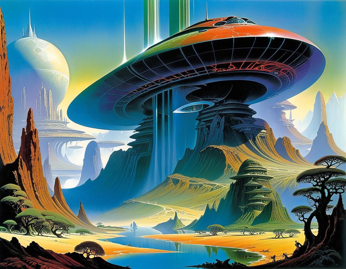 Surreal Sci-Fi Alien Landscape in Retro-Futuristic Style
