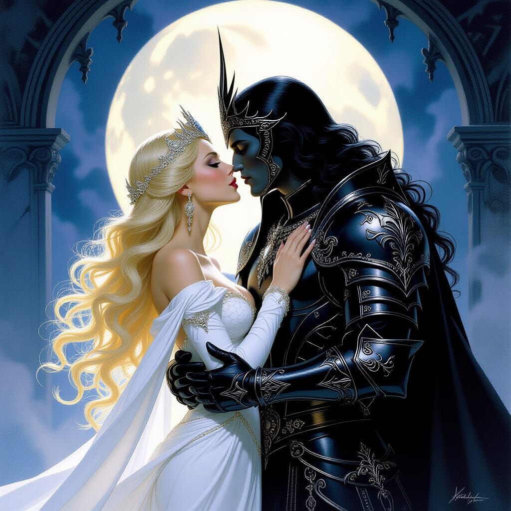 Dark Lord and Goddess Kiss in Moonlit Fantasy