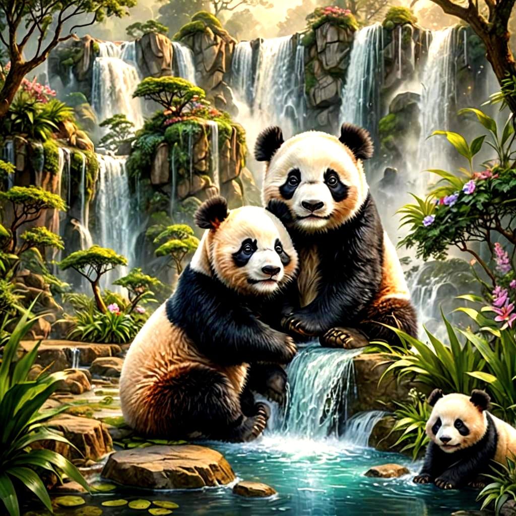 Panda Bears in Ethereal Garden Waterfall Scene