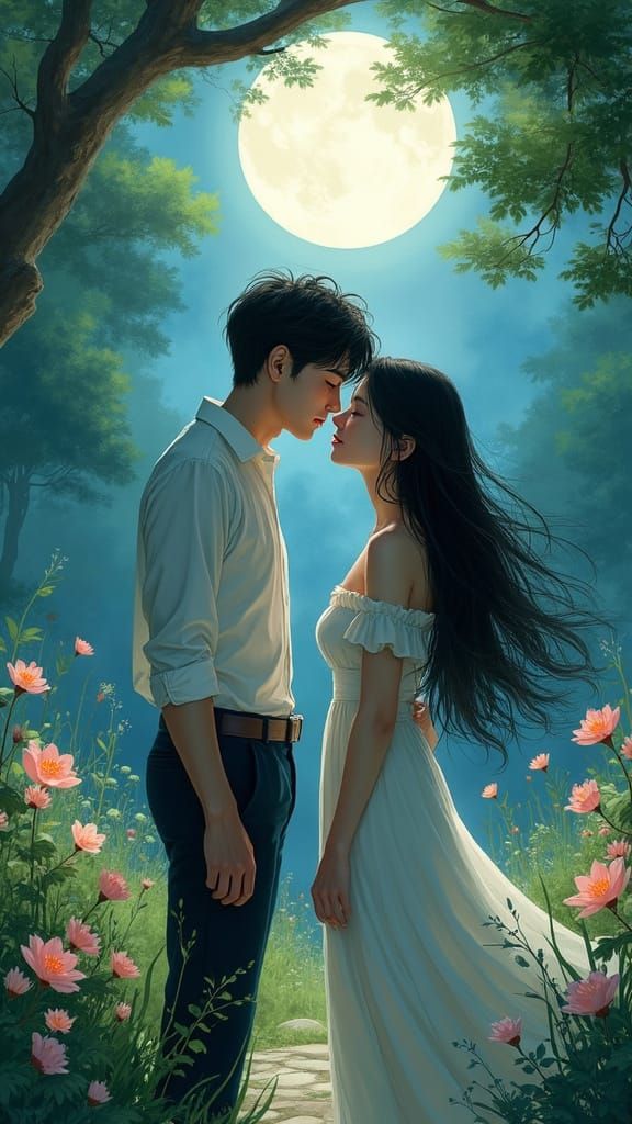 Romantic Japanese Garden Scene in Whimsical Watercolor Style