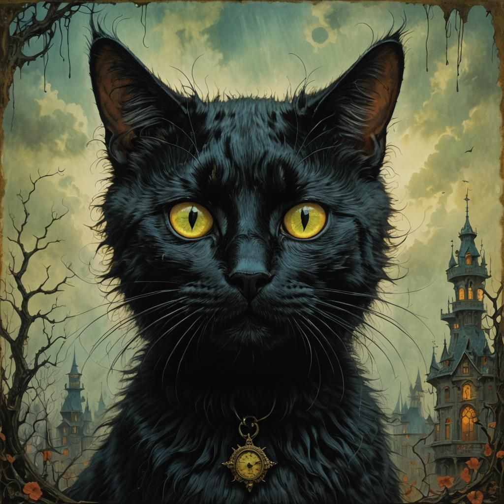 Intricate Black Cat Face in Dark Fantasy Style