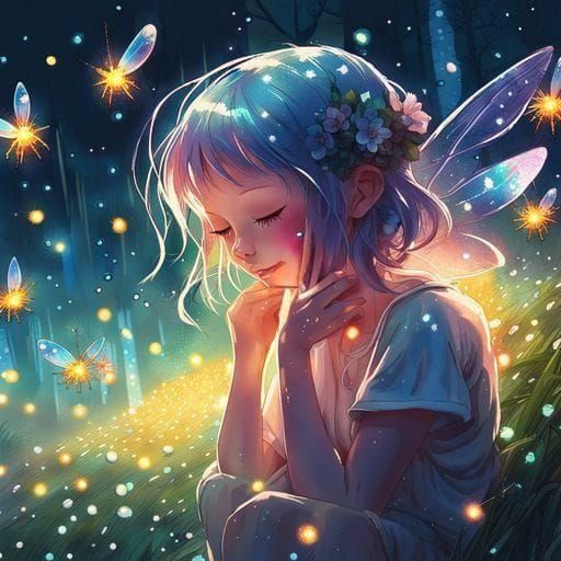 Fairy Surrounded by Fireflies in Fairycore Style