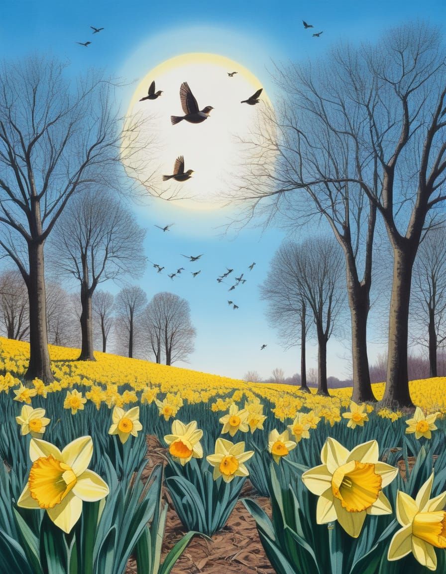 Vibrant Spring Scene with Daffodils and Emerging Trees