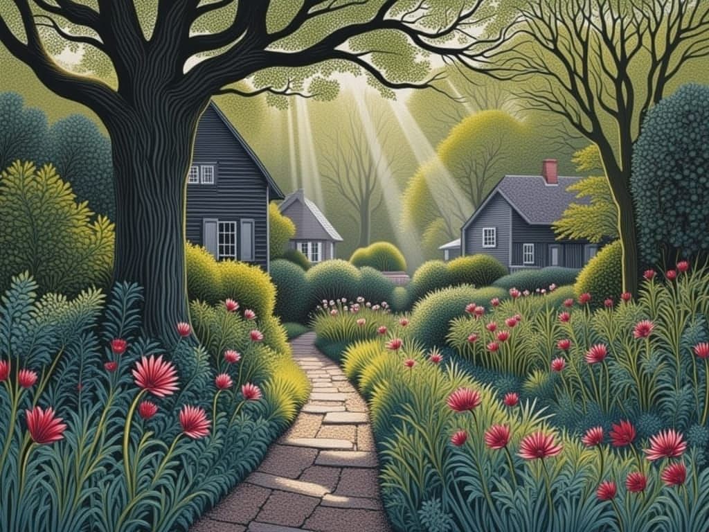 Sunlit Garden Scene in Watercolour Style