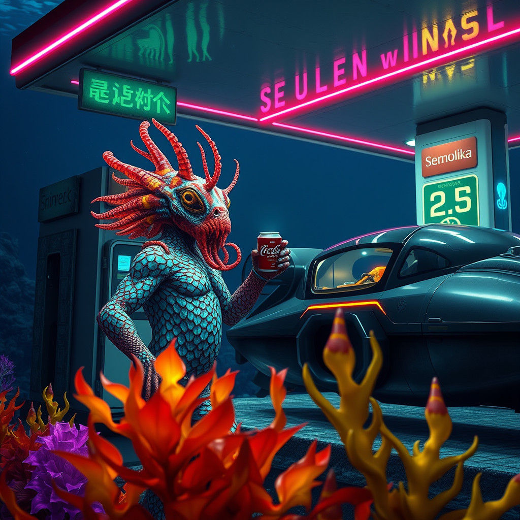 Aquatic Alien Refuels Submersible at Underwater Station