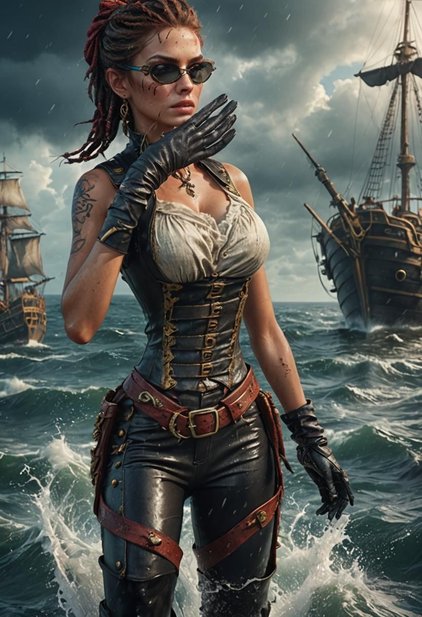 Glamorous Pirate in Wet Leather on the Shore