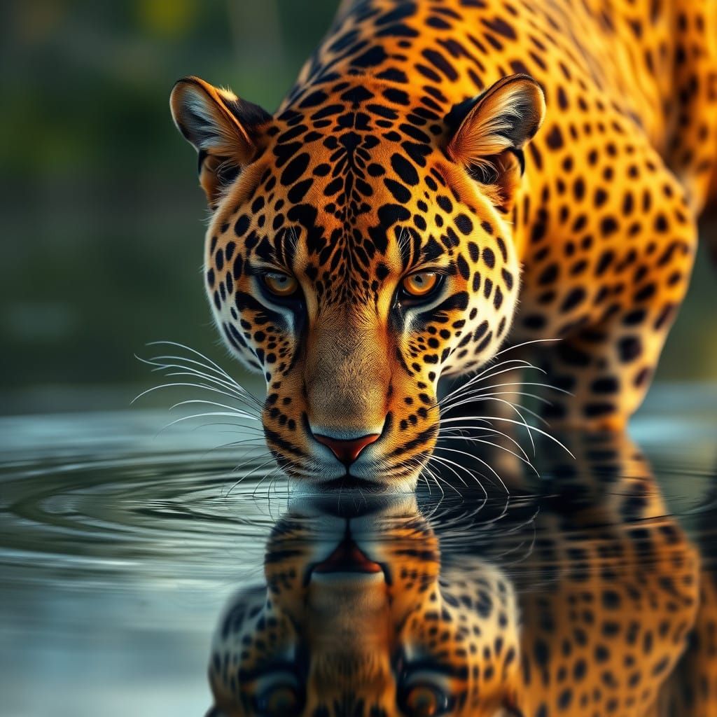 Hyperrealistic Jaguar Drinking from Lake