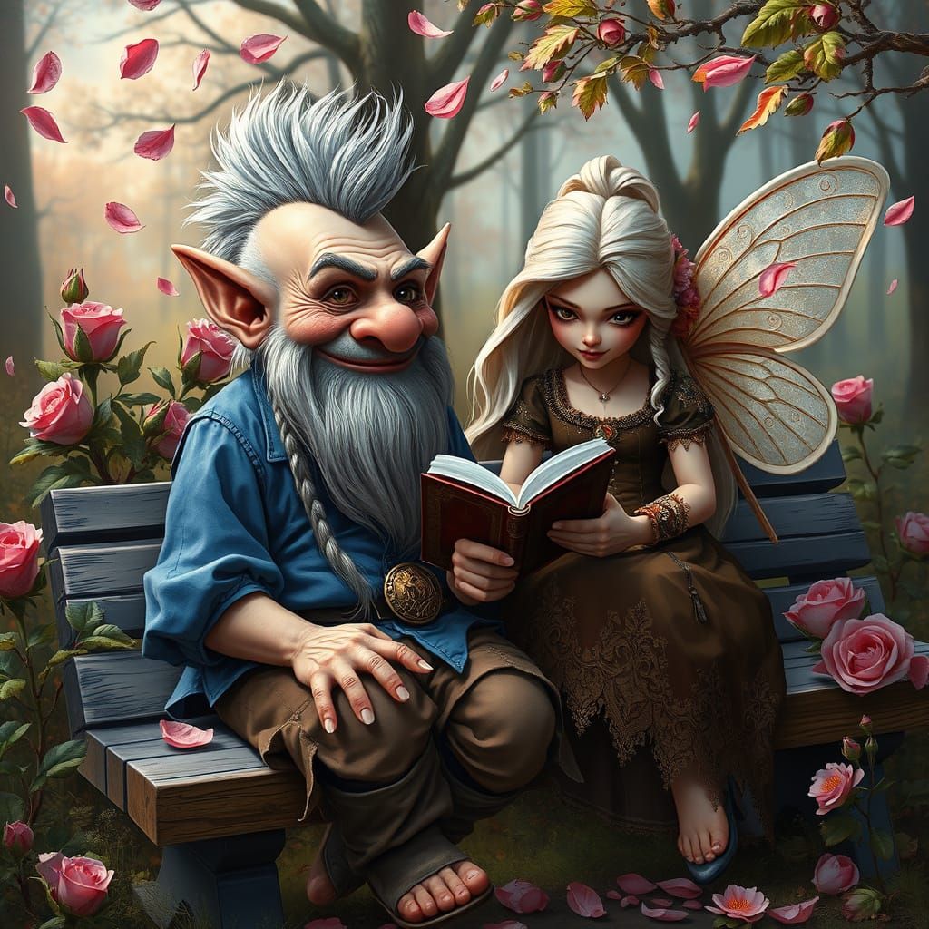 Troll and Fairy Reading Book in Garden, Hyperrealistic Style