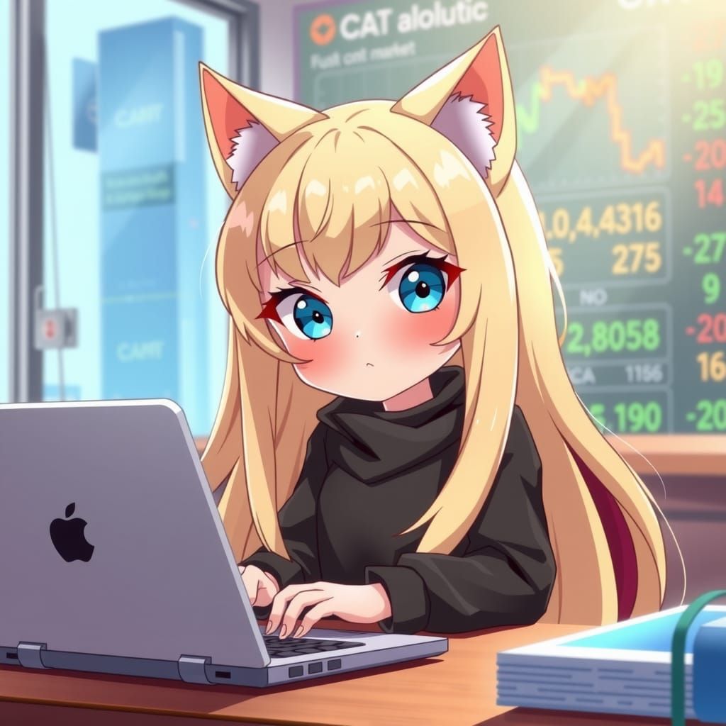 Cute Anime Catgirl Investing in Stocks