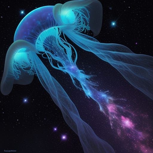 Bioluminescent Jellyfish Drifting Through Cosmic Nebula