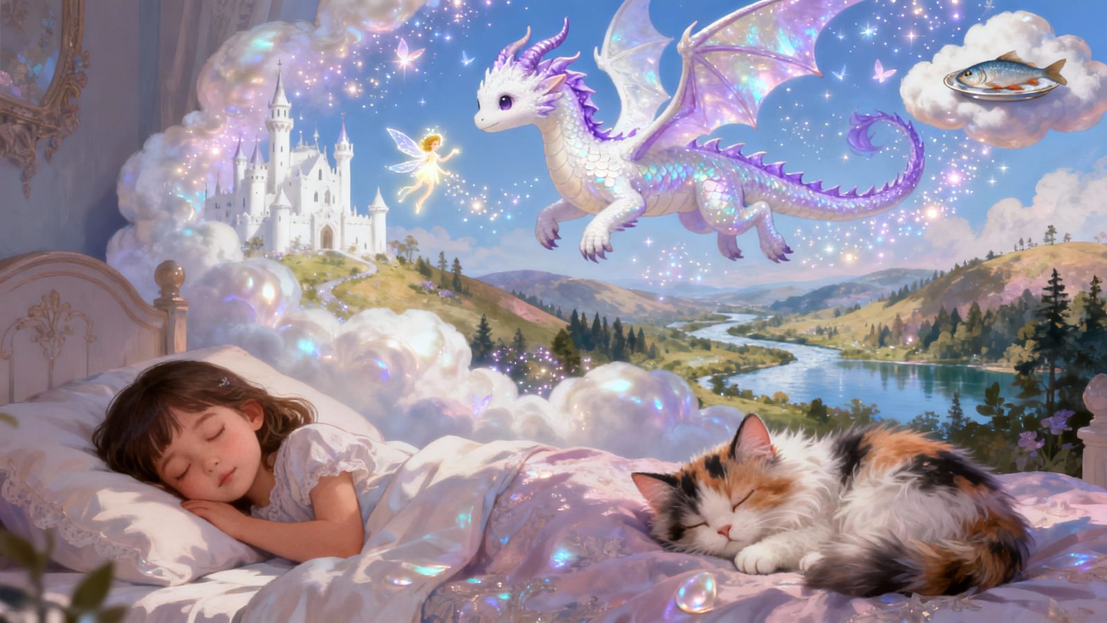 Girl and Kitten Sleep Amidst Magical Dreamscape
