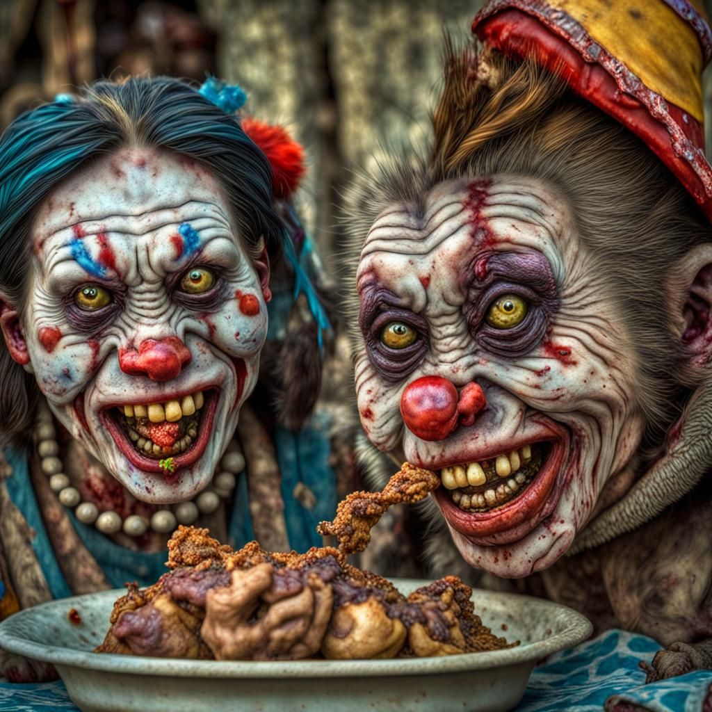 Zombie Clown Feasting: A Hyperrealistic Horror Scene