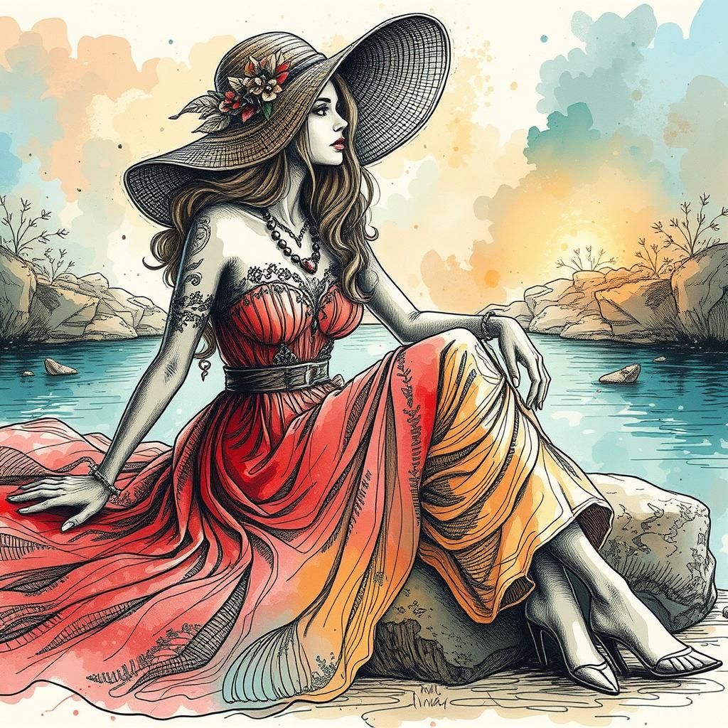 stunning woman in pastel red dress, hat, sitting on a rock b...