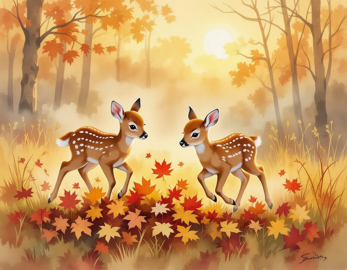 Autumn Fawns Playing in Golden Light