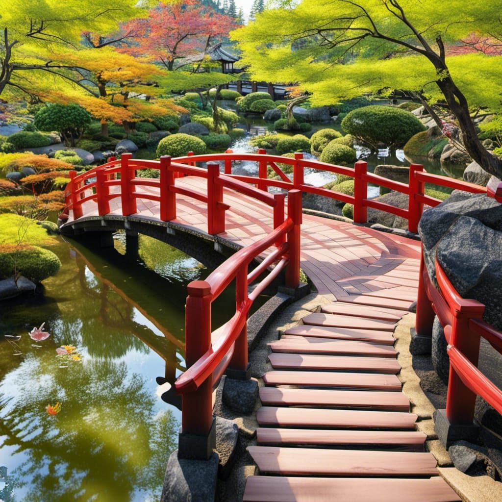 Japanese Pond with Bridge in Colorful Style