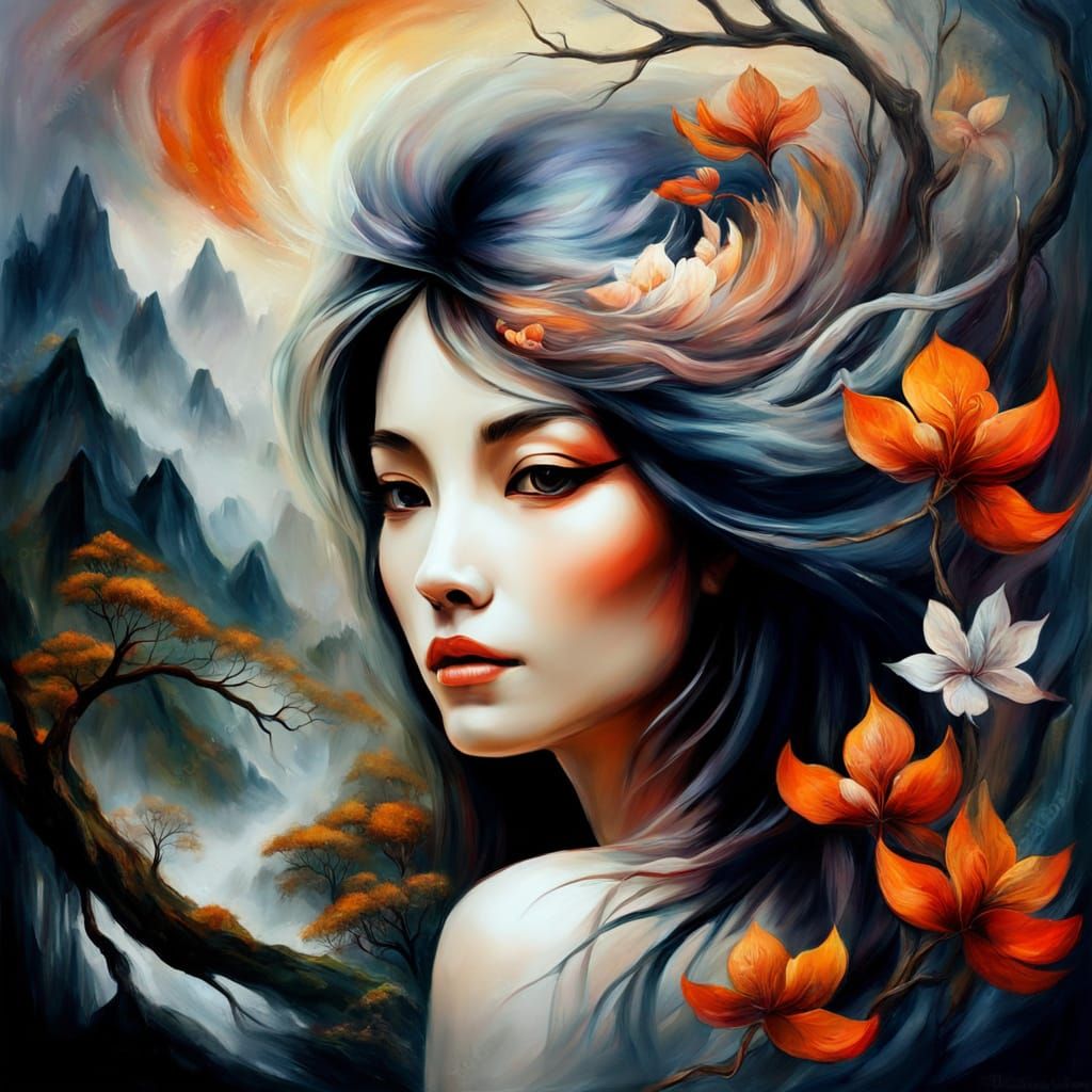 Tiger in Ethereal Bonzi Tree Mountains Surreal Oil Painting