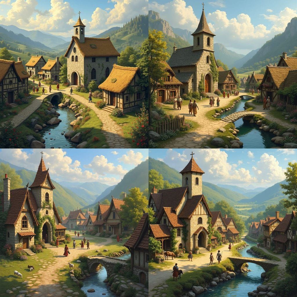 Idyllic Medieval Fantasy Village in Warm Golden Light