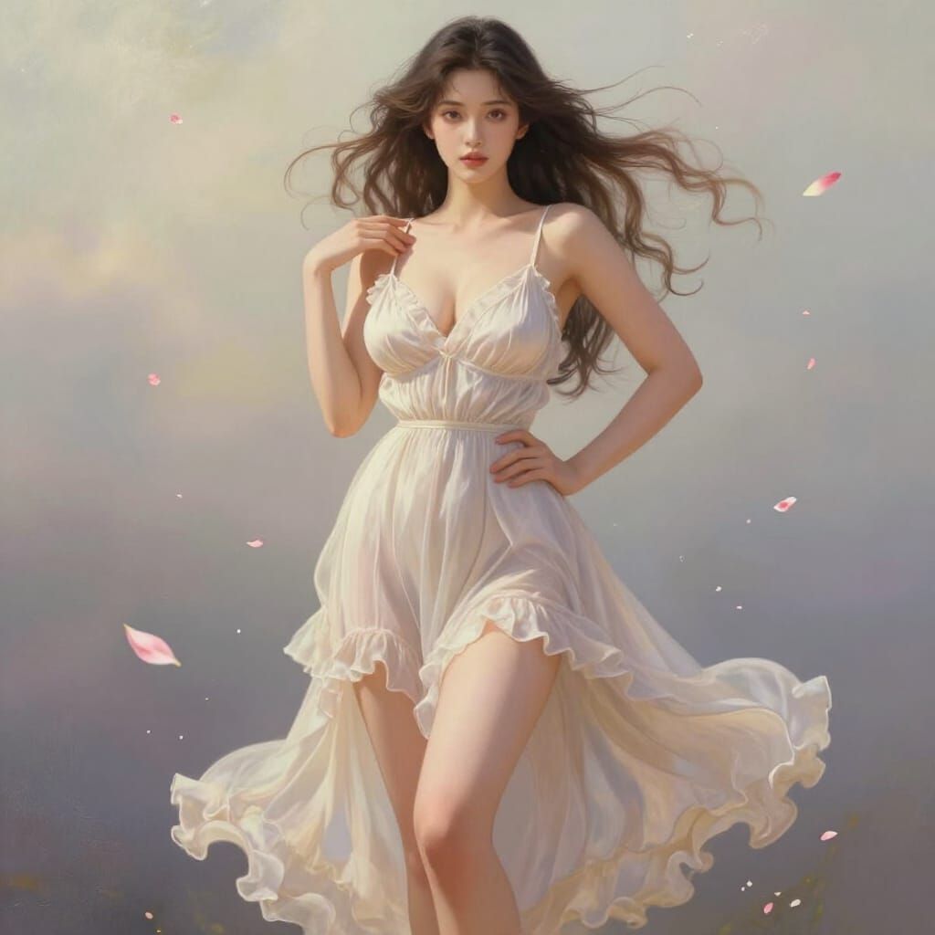 Romantic Oil Painting of a Curvy Woman in a Frilly Dress