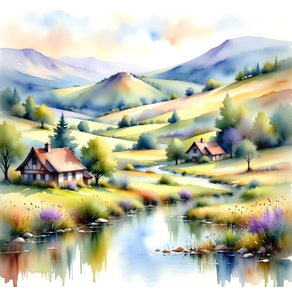 Realistic Watercolor Valley with Stream and Wildflowers