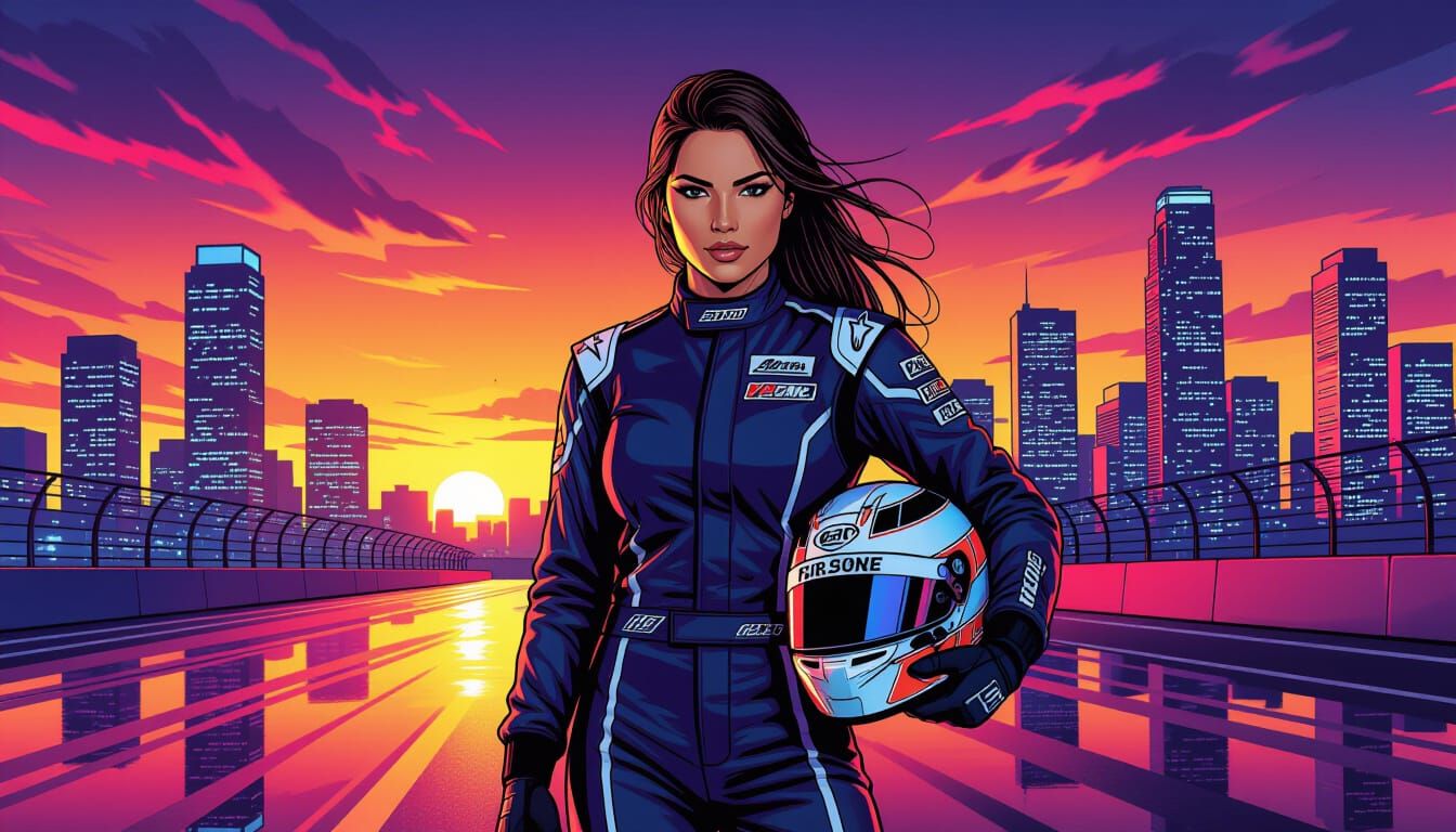 Female Race Car Driver in Cityscape, Comic Book Style